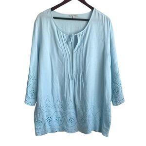 Rose & Rhyme Women Top 1X Light Blue Eyelet Embroidered Linen Blend Boho Cottage